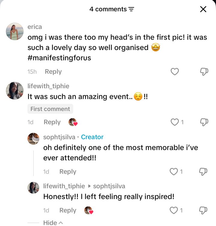 TikTok comments from attendees: such a lovely day so well organised, one of the most memorable I've ever attended, I left feeling really inspired